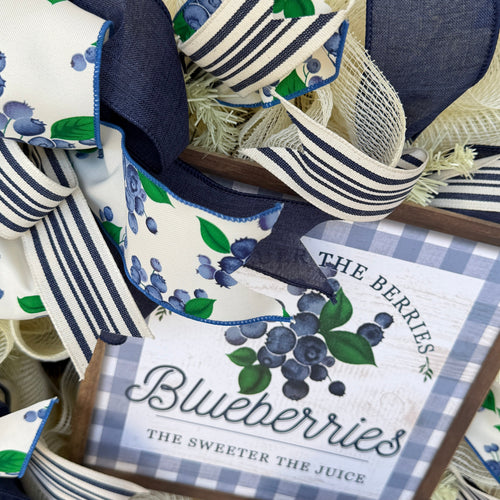 Blueberry Summer Cottage Wreath featuring blueberry-print ribbons, navy and cream accents, decorative bows, and a blueberry sign for front door decor.