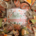 Hello Pumpkin fall wreath with orange, green, plaid, and pumpkin ribbons.