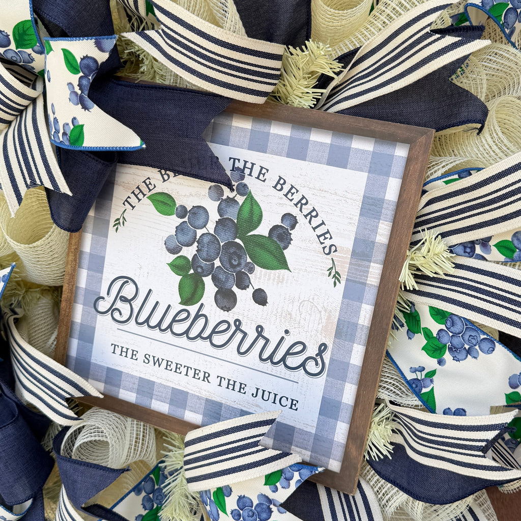 Blueberry Summer Cottage Wreath featuring blueberry-print ribbons, navy and cream accents, decorative bows, and a blueberry sign for front door decor.